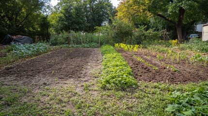 The garden plot reveals freshly tilled earth on one side, while the other shows flourishing plants in rows, demonstrating the transformation and effort of seasonal planting