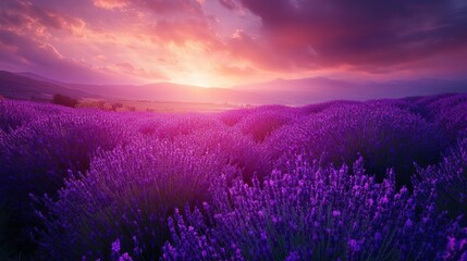 Serene lavender fields at sunset with a pink sky ideal for calming nature backgrounds