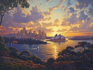 Naklejka premium Stunning Sunset View of Sydney's Skylinethe Iconic Opera House