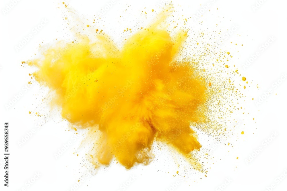 Sticker A vibrant yellow powder explosion captured mid-air, spreading out dynamically against a stark white backdrop.