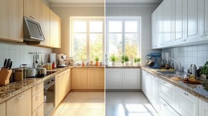 Fototapeta premium This kitchen transformation highlights a stunning renovation featuring bright cabinetry, natural light streaming through large windows, and a stylish yet functional layout
