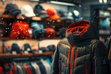 Fototapeta premium Winter fashion display in a store window, showcasing colorful jackets amid festive, twinkling holiday lights