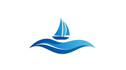 Fototapeta premium Modern Wave and Sailboat Logo Vector Graphic in Blue - Geometric Shapes Design with Clean Aesthetics on White Background