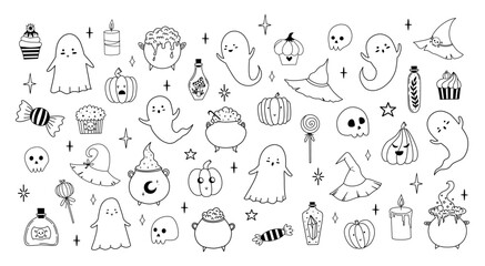 Big vector set of Halloween in hand drawn style. Doodle cute illustration with traditional Halloween elements. Isolated elements on white background. Ghosts, cupcake, flask, poison, cauldron, pumpkin.