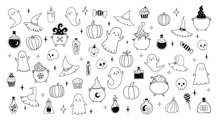 Fototapeta premium Big vector set of Halloween in hand drawn style. Doodle cute illustration with traditional Halloween elements. Isolated elements on white background. Ghosts, cupcake, flask, poison, cauldron, pumpkin.