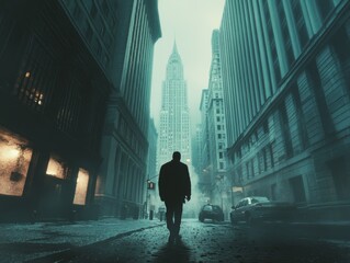 Obraz premium A Solitary Figure Navigating an Abandoned Financial District in the Desert