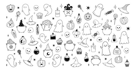 Fototapeta premium Big vector set of Halloween in hand drawn style. Doodle cute illustration with traditional Halloween elements. Isolated elements on white background. Ghosts, cupcake, flask, poison, cauldron, pumpkin.