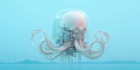 Surreal 3D Render of a Glass Octopus Machine