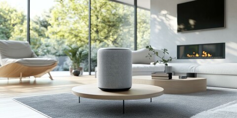 A smart speaker on a coffee table in a living