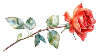 Fototapeta premium Stunning watercolor rose with delicate petals and lush green leaves, perfect for adding elegance and beauty to any design.