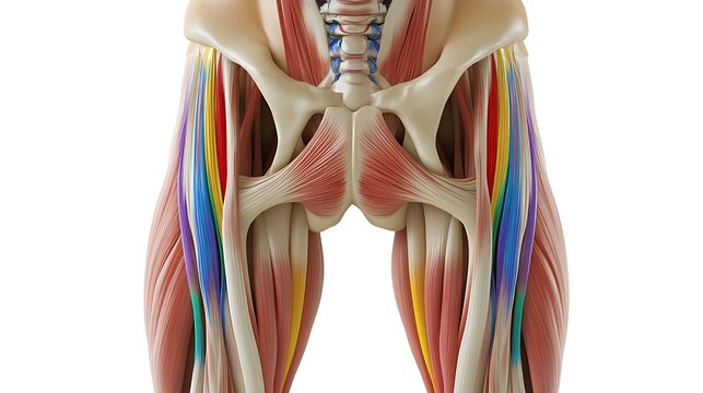 Detailed Vector Illustration of Tensor Fasciae Latae Muscles with Colored Lines Representing Hip and Thigh Muscle Development in Adult Male on White Background
