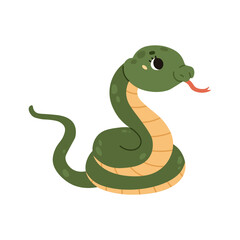 Cute funny snake with big eyes and cheeks. Green reptile with a yellow striped abdomen. Kawaii character. Wild animal. Cartoon style. Vector illustration isolated on white background.