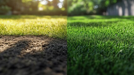 A lawn transformation shows the difference between a patchy, brown area and a vibrant, healthy green space, highlighting the impact of proper lawn care practices