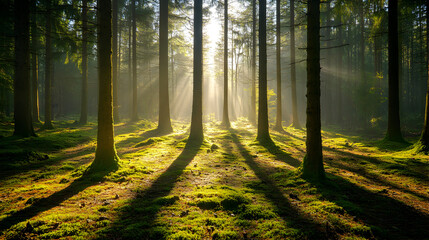 Obraz premium Enchanting Misty Morning Forest - Sunrays, Pine Trees, Shadows, Mossy Ground, Nature, Tranquility, Serene Landscape, Wilderness, Morning Light, Scenic Beauty