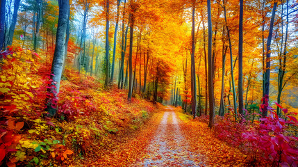 Obraz premium Golden Autumn Canopy: Vibrant Leaves in Dense Forest Above Narrow Dirt Path