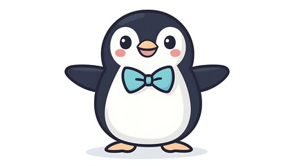 Obraz premium Happy Dancing Penguin in Bow Tie Clipart - Kawaii Style Flat Design Illustration with Black Outline and Simple Doodle 2D Vector on White Background