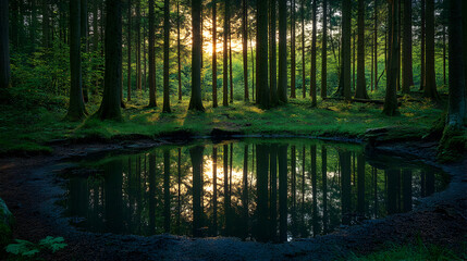 Serene Forest Clearing at Dawn with Pond Reflecting First Light, Surrounded by Tall Trees