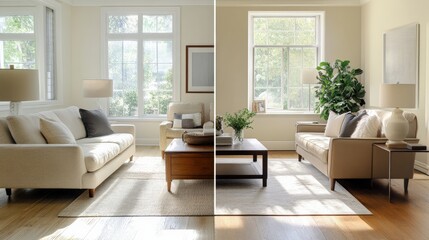 The transformation of a stylish living room features bright decor and natural light, enhancing comfort and inviting a serene atmosphere in the space