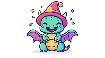 Joyful Dragon Jester Hat Clipart - Cute Kawaii Style Front View Illustration with Black Outline, Simple Doodle, 2D Vector on White Background