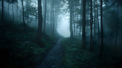 Naklejka premium Enigmatic Foggy Forest Trail: Mysterious Path through Dark Woods with Tree Silhouettes vanishing in Distance