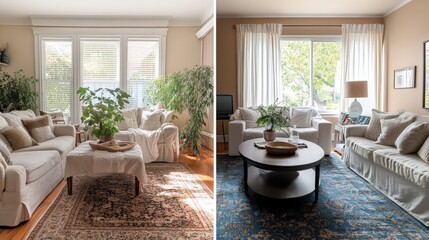 A living room goes through a stylish transformation, featuring light-colored furniture, a lush plant, and a warm ambiance enhanced by natural daylight streaming through large windows