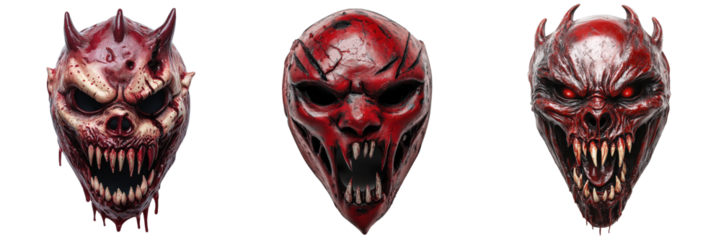 set of a blood-splattered Halloween mask with eerie features and sharp fangs on a transparent background