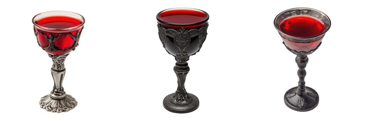 set of a Halloween goblet filled with a red liquid resembling blood on a transparent background
