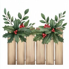 A Christmas farm gate with a wreath clipart, festive rural scene, watercolor illustration, isolated on white background