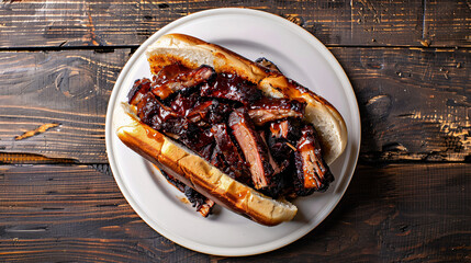 Savory barbecue brisket sandwich served on a white plate, set on a rustic wood table. Juicy meat in delicious sauce, expertly grilled