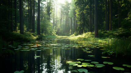 Obraz premium Serene Forest Pond with Lily Pads - Tranquil Nature Scene with Green Foliage and Tall Trees Reflecting in Still Water