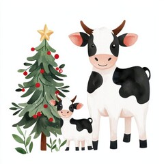 A cow and calf by a Christmas tree clipart, festive farm animals, watercolor illustration, isolated on white background