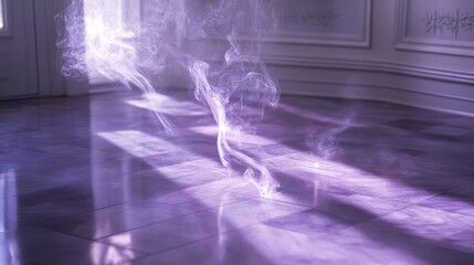 Soft lilac tones merge into a polished floor, accompanied by delicate wisps of smoke floating gracefully in the air.