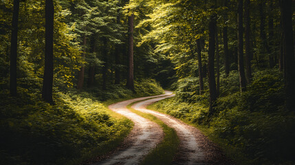 Fototapeta premium Serene Forest Road: Tranquil Path Curving Through Lush Woodland Beauty
