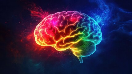 Strong brain illustration in glowing neon colors on a dark background, symbolizing mental power.
