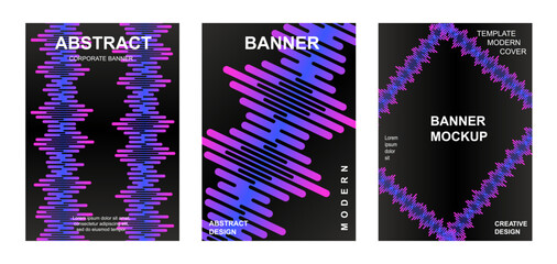 Modern gradient cover background design set. Brochure cover cards. Vibrant geometric compositions with sound waves. Banner, cover, card, wallpaper, decoration, poster, brochure, leaflet. A4 size