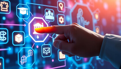 A hand pointing at a futuristic e-learning interface with various icons and symbols, representing online education and digital learning technologies