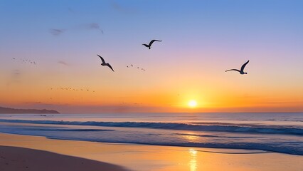 High-angle view of a beach at dawn with silhouetted seagulls flying, capturing the serene and tranquil atmosphere of the coastal environment.