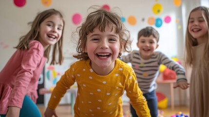 Children are having fun, laughing and playing together in a colorful indoor space filled with joyful decorations