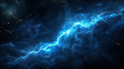 Fototapeta premium Dynamic blue lightning bolt streaking across a dark fantasy landscape with glowing electric energy, creating a sense of power and magic.