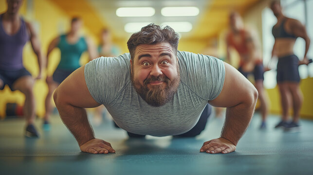Smiling Man Doing Push-Ups in a Fitness Class with People in Background