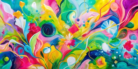 Fototapeta premium Abstract Floral Symphony in Vibrant Hues, oil on canvas, colorful flowers and swirling shapes, abstract art, modern painting, contemporary art, floral