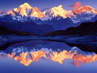 Obraz premium Golden Sunrise: Tranquil Lake Nestled by Snow-Capped Mountains