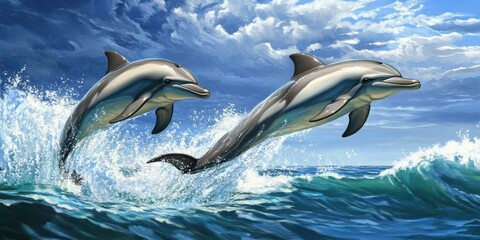 Two dolphins leap through waves, sunny sky.