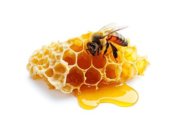 A honeycomb with a bee and honey flowing out the side.