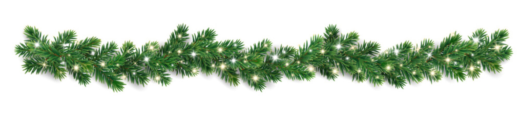 Christmas tree garlands on transparent background. Realistic pine-tree branches with glowing sparkling Christmas lights decoration. Vector border for holiday banners, party posters, cards, headers.