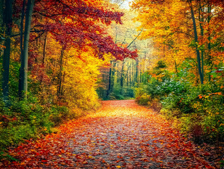 Fototapeta premium Enchanted Autumn Trail: Vibrant Forest Pathway Amidst Colorful Foliage, Awaiting Exploration and Adventure