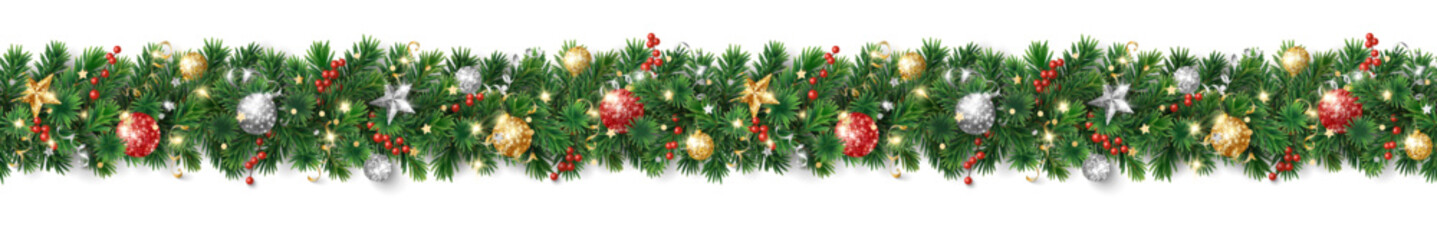 Christmas seamless decoration isolated on white background. Christmas tree border, garland. Gold and red glitter ornaments, stars. For holiday headers, banners, party posters. Vector.