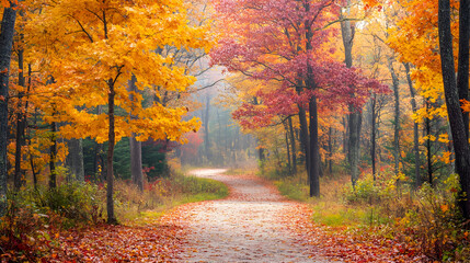 Fototapeta premium Enchanted Autumn Forest Pathway: A Vibrant Journey Through Nature's Color Palette