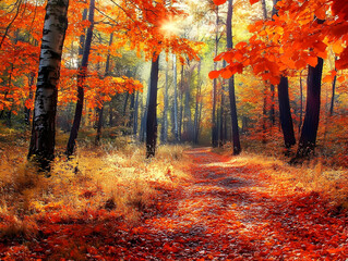 Enchanting Journey Through Autumn Forest - Vibrant Orange and Red Leaves on Trail in Dense Woods