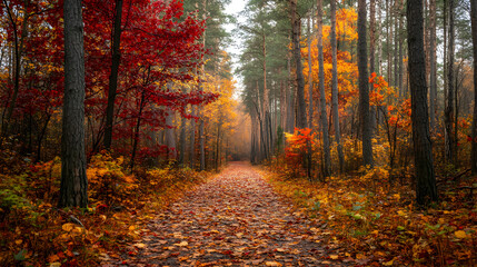 Serene Autumn Walk - Tranquil Pathway in Colorful Forest with Vibrant Fall Foliage